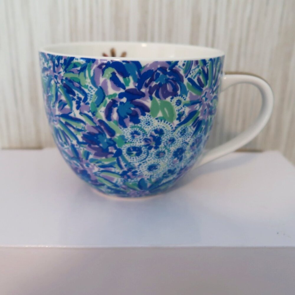 2 Lilly Pulitzer 12-oz Blue Floral Ceramic Cappuccino Cup Coffee Mug